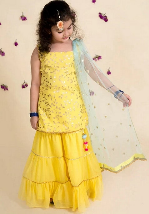 Yellow Embroidered Polyester Kurta And Sharara With Dupatta (Set Of 3)