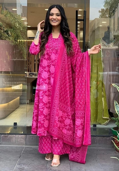 Pink Digital Print Rayon Kurta Set With Dupatta