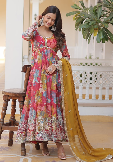 Pink Zari Sequin Embroidered Russian Silk Anarkali Set